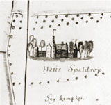 Afbeelding van Haus Spaldrop in de uit 1701 daterende Atlas der Deichschau Düffel